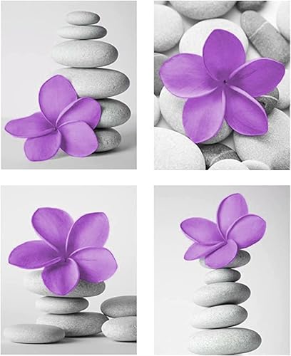 Genius Decor - Lila Wandkunst Bilder für Badezimmer Dekoration Zen Art Blume und Kieselstein Spa Drucke Lila Schlafzimmer Kunstwerk Leinwanddrucke, ungerahmt 4er Set (Lila, 20,3 x 25,4 cm) von Genius Decor