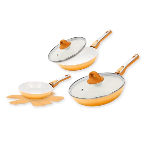 Cerafit Revolution Keramik-Pfannenset 7-teilig, 20 cm + 24 cm + 28 cm, Antihaftbeschichtung, ThermoSpeed-Induktions-Technologie, Vlies Einler inklusive, Orange von Genius