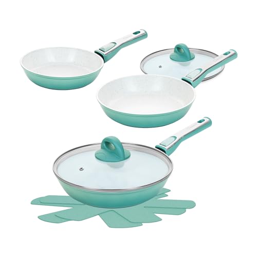 Cerafit Revolution Pfannen Set 7-tlg. 20+24+28 CM, 2 Glasdeckel, Viles Einleger, Keramik antihaftbeschichtete Bratpfanne, abnehmbarer Griff, alle Herdarten Induktion Backofen Spülmaschinen geeignet von Genius