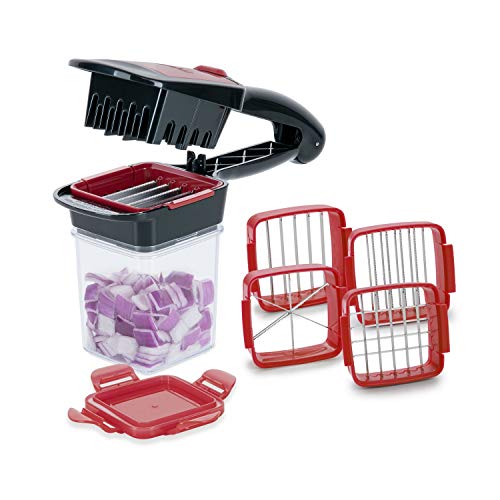 Genius A27165 Nicer Dicer Quick XXL Set 7tlg-Der Zerkleinerer mit 3 austauschbaren Messereinsätzen und Auffangbehälter 320 ml im Handformat | 30 Würfel oder 10 Scheiben mit einem klick, Edelstahl, Rot von Genius