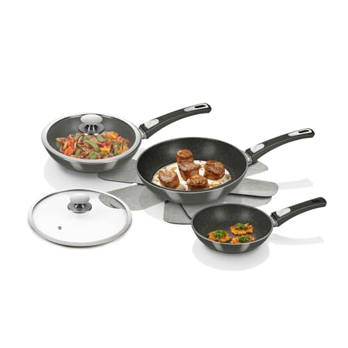 Genius Bonafit | Pfannen-Set Ø 28, 24, 20 cm inkl. Glasdeckel | 7 Teile | Patentierte 3-lagige Beschichtung | Keramik-, Edelstahl- & Diamant-Partikel | Antihaft-Beschichtung | Bekannt aus TV | NEU von Genius