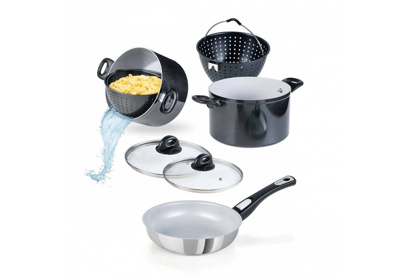 Genius Topf-Set Cerafit Magic Pot, Keramik, Aluminium, Edelstahl 18/10 (Set, 2 Töpfe 2 Deckel 2 Siebeinsätze), induktionsgeeignet, abnehmbarer Griff, Antihaft-Beschichtung von Genius