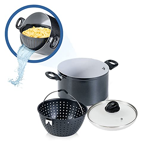 Genius Cerafit Magic Pot Kochtopf-Set 24cm - Topf 6,4l mit Siebeinsatz & Glasdeckel für einfaches Kochen, Abgießen & Servieren | keramikbeschichteter Nudeltopf für alle Herdarten, Schwarz, A24662 von Genius