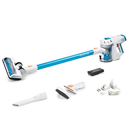 Genius Invictus X7 Akku-Staubsauger (13 Teile) Beutelloser und kabelloser 2in1 Staubsauger mit 380 Watt Saugleistung und integrierten LED-Spot-Lichter, Lithium-Ionen Akku (30 min), Weiß/Blau von Genius