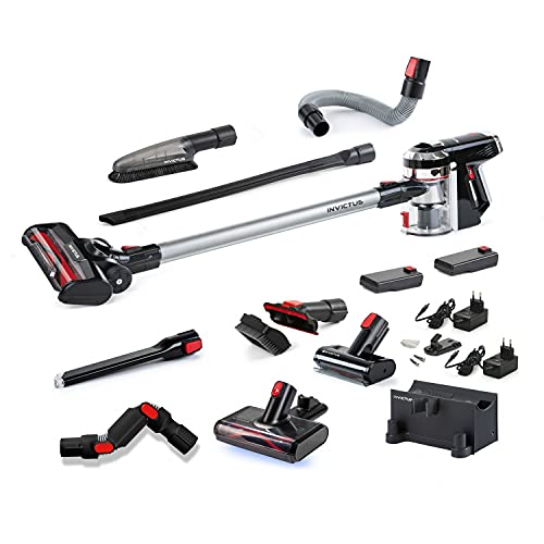 Genius Invictus X9 Akkustaubsauger inkl. Mini-Elektrobürste (Set 23-TLG.) Akku-Staubsauger kabellos beutellos mit Ladestation LED-Fugendüse Hochleistungs-BLDC Motor 80.000 U freistehend Hepa von Genius