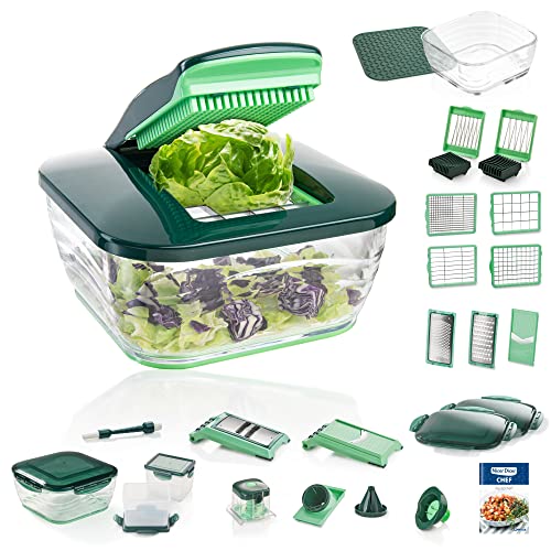 Genius Nicer Dicer Chef 34-in-1 Multifunktions-Profi-Gemüseschneider mit Glasschale und Tomatenschneider | Teigwaren, Scheiben, Streifen, Spiralen, Julienne von Genius