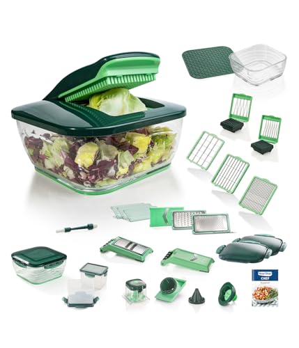 Genius Nicer Dicer Chef 34-in-1 Multifunktions-Profi-Gemüseschneider mit Glasschale und Tomatenschneider | Teigwaren, Scheiben, Streifen, Spiralen, Julienne von Genius