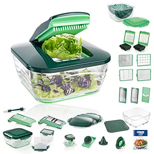 Genius Nicer Dicer Chef Deluxe XXL 37-teilig mit Glasschüssel-Set, Tomaten-Gemüse-Schneider & 3in1 Siebschüssel - Zerkleinerer Zwiebelschneider Pommesschneider, Grün von Genius