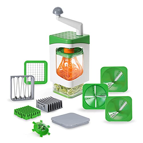 Genius Nicer Dicer Julietti Spiralschneider 13-tlg - Zoodle Maker + Würfelschneider in einem Set für Spiralen und Würfel | enthält 7 Schneideinsätze & Auffangbehälter 1200ml, Grün von Genius