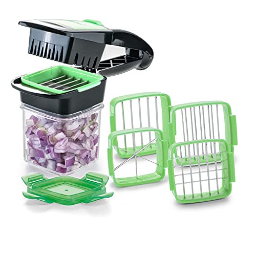 Genius Nicer Dicer Quick Zerkleinerer für Obst und Gemüse | 5 in 1 Multischneider mit austauschbaren Messereinsätzen | 30 Würfel oder 10 Scheiben mit einem klick (Grün), Edelstahl, 8 x 12 x 21, A34098 von Genius