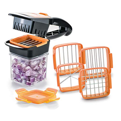 Genius Nicer Dicer Quick Zerkleinerer für Obst und Gemüse | 5 in 1 Multischneider mit austauschbaren Messereinsätzen | 30 Würfel oder 10 Scheiben mit einem klick (Orange), Edelstahl, 8 x 12 x 21 cm von Genius