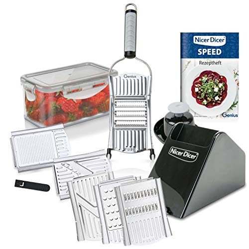 Genius Nicer Dicer Speed Deluxe-Set 13-teilig Handhobel V-Hobel - Verstellbarer Hobel manuell mit V-Klinge aus Edelstahl - Gemüseschneider Gemüsehobel mit Julienne-schneider, Silber von Genius