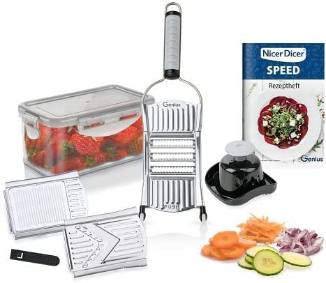 Genius Nicer Dicer Speed Set 9-tlg Multihobel - Gemüseschneider Gemüsehobel mit 3 Einsätzen, Schneidguthalter & Auffangbehälter 550ml | Parmesanreibe, Juliennereibe und V-Hobel, Silber von Genius