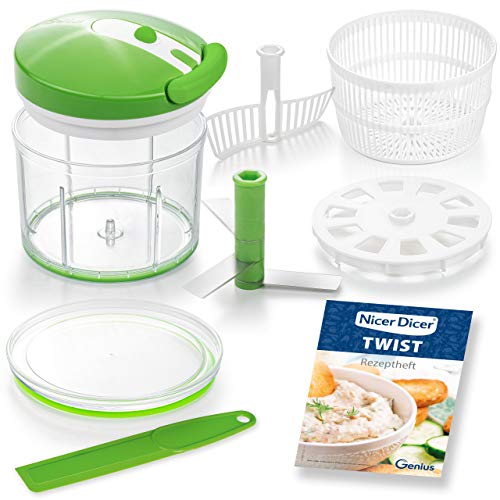 Genius Nicer Dicer Twist Universalzerkleinerer Set 9-teilig grün - Gemüseschneider manuell mit Seilzug, Salatschleuder & Sieb - Zwiebelschneider zum Zerkleinern + Pürieren 1000ml A29187 von Genius