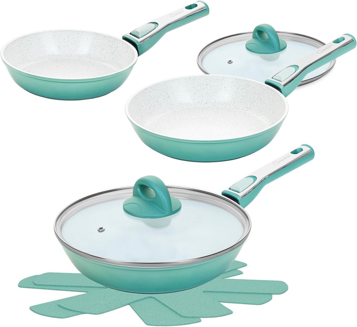 Genius Pfannen-Set Genius Cerafit Revolution Pfannen Set 7-tlg. 20+24+28 CM, 2 Glasdeckel, Metall / Kunststoff (Set besteht aus 3 Pfannen, 2 Pfannen, 2 Vlies-Einlegern) von Genius