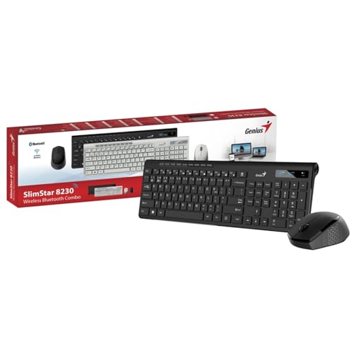Genius SlimStar 8230 Bluetooth 5.3 und 2.4GHz Wireless Tastatur und Maus Set, 12 Multimedia-Funktionstasten, UK-Layout in voller Größe, optische Sensormaus, 1200dpi, verbinden Sie bis zu 3 Geräte Genius SlimStar 8230 Bluetooth 5.3 und 2.4GHz Wireless Tastatur und Maus Set, 12 Multimedia-Funktionstasten, UK-Layout in voller Größe, optische Sensormaus, 1200dpi, verbinden Sie bis zu 3 Geräte von Genius