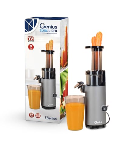 Genius Slow Juicer Entsafter Mini für Gemüse Obst 9 tlg, Kaltpressjuicer, 130 W, geräuscharm, schlichtes Design, leichte Früchte Saftpresse elektrisch, einfache Reinigung mit Pinsel von Genius