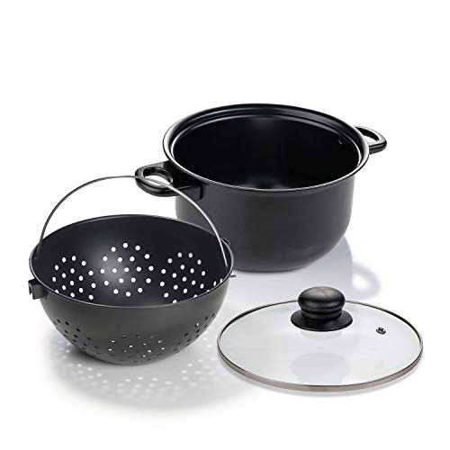 Genius World´s Greatest Pot 3-teilig Kochtopf-Set mit Siebeinsatz 25 cm - Topf drehen, Flüssigkeit abgießen und Speisen bleiben im Sieb - Cooking Pot für Induktion Ceran Elektro A24655 Schwarz von Genius