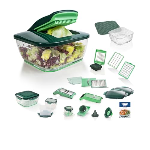 Nicer Dicer Chef Deluxe-Set 28-tlg. Multifunktions-Profi-Gemüseschneider mit Glasschale und Tomatenschneider | Teigwaren, Scheiben, Streifen, Spiralen, Julienne von Genius