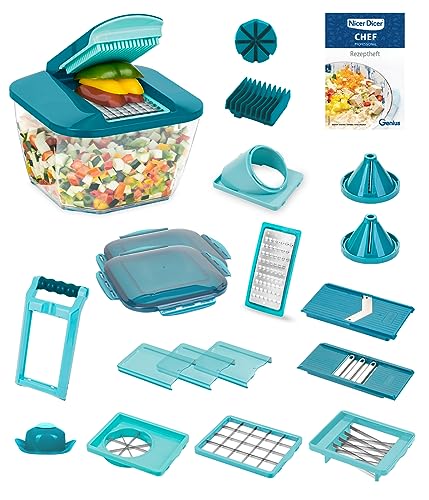 Nicer Dicer Chef Professional Gemüsescheider 23-tlg. Gemüsehobel manuell mit 5.2L großem Auffangbehälter Frischhaltedeckel, Spiraleinsätze, Tomatenschneider, Julienne, Salatschneider mit Rezeptbuch von Genius
