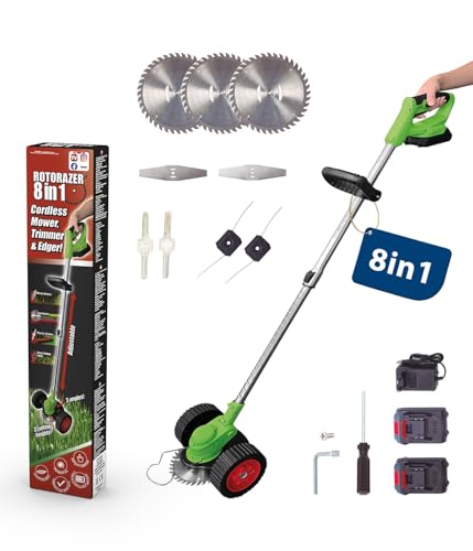 Genius Rotorazer 8 in1 Gartengerät Set 23-TLG. Akku Rasentrimmer Rasenkantenschneider Freischneider mit 2 Akku, Einstellbarer Schnitttiefe, 7 Messerscharfe Klinen, ausziehbare Teleskopstange, Garten von Genius