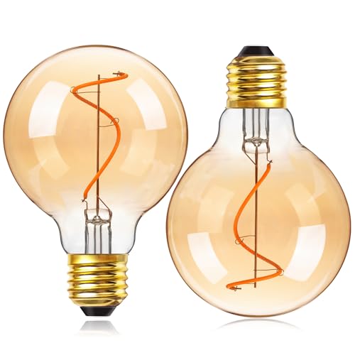 Genixgreen Dimmbar E27 LED Bulb 3W Vintage Glühbirne Ersetzt 30Watt G80 Glühlampen Antique Spiral LED Filament Light Bulb,2200K Warimweß Retro Edison Led Birnen, Bernsteinglas 2er Pack von Genixgreen
