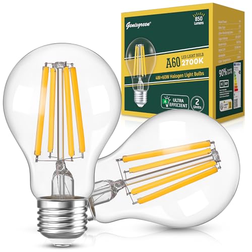 Genixgreen E27 LED Glühbirne A60 806 Lumen Classic A Energieeffizienz Edison LED Filament Lampen 2700K Warmweiss Energiesparlampe 4W 40W A Klasse Glühlampe, Led Leuchtmittel für Kronleuchter,2 Stück von Genixgreen