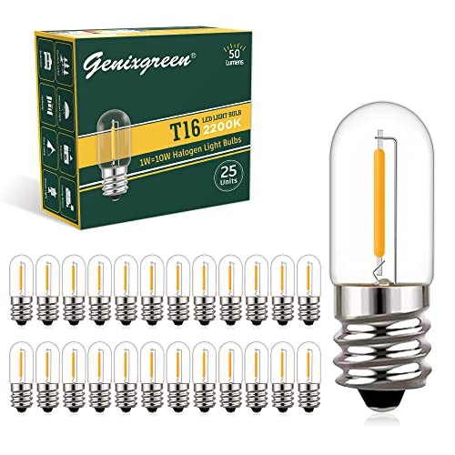 Genixgreen Glühbirne E14 LED Warmweiss 1W T16 Mini Röhrenbirn ersetzt 10W Glühlampen,Kühlschranklampe 2200K Warmweiß Nachtlichtbirne für Tischlampe Salzlampen,50Lm,Nicht dimmbar, 25 Stück von Genixgreen