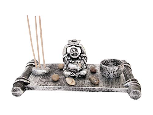 Buddha Dekotisch mit 1 Windlicht und 3 Rauchstäben aus Holz in Silber, 22x13,5x2 cm, Asiatische Deko für Ihr Wohnzimmer von Genki-Bonsai