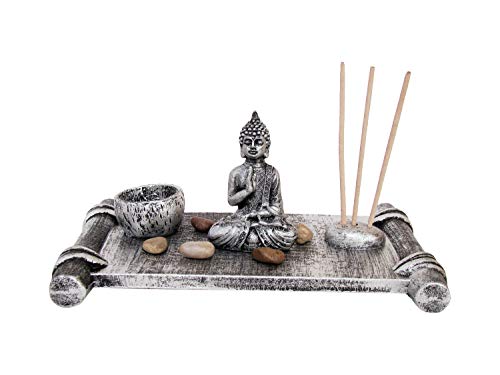 Shiva Dekotisch mit 1 Windlicht und 3 Rauchstäben aus Holz in Silber, 22x13,5x2 cm, Asiatische Deko für Ihr Wohnzimmer von Genki-Bonsai