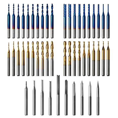 Genmitsu 50 Stück Hartmetall CNC Fräser-Satz, 1/8 Zoll Schaft 2-Flute Schaftfräser, Kugelfräser & Spiralfräser, PCB Drill Router Bits & V-Groove Gravierfräser, MC50A von Genmitsu