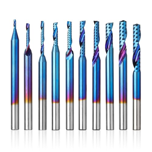 Genmitsu 1/8 Zoll Schaft 10pcs Carbide Spiral O Flute (Single Flute) End Mill CNC Router Bits, 91,5 Höhere HRA Nano Blue Coat, perfekt für Metall Carving Aluminium Kupfer, OS10B Genmitsu 1/8 Zoll Schaft 10pcs Carbide Spiral O Flute (Single Flute) End Mill CNC Router Bits, 91,5 Höhere HRA Nano Blue Coat, perfekt für Metall Carving Aluminium Kupfer, OS10B von Genmitsu