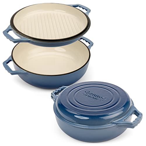 Gennua Kitchen 2-in-1 Schmorpfanne aus emailliertem Gusseisen mit Grilldeckel – 3,3 l kleiner Dutch Oven, dient sowohl als Auflauf als auch als Grillpfanne, emailliertes Gusseisen-Kochgeschirr, von Gennua Kitchen