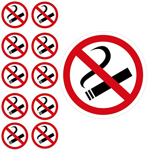 11 x Aufkleber Rauchen Verboten (10cm - abgelöst 9,5 cm - Rund) - UV-Resistent - Vorgestanzt - Für Außen und Innen - Alternative zum Nicht Rauchen Schild - Rauchen verboten Aufkleber 10 cm von Gentle North