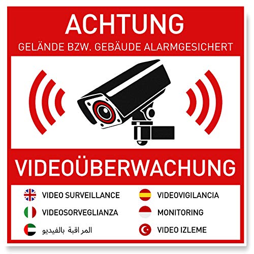 7 x Aufkleber Videoüberwachung (10 x 10 cm) - Sticker für mehr Sicherheit - Rückseite Geschlitzt - Achtung Videoüberwachung - Warnhinweis - Videoüberwachung Aufkleber Mehrsprachig (10x10cm) von Gentle North