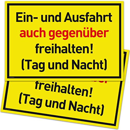 2er Set Einfahrt Freihalten Schilder (30x20 cm Kunststoff) - Ausfahrt freihalten Schild - Nie Wieder zugeparkt - Auch Gegenüber - (Gelb) - Tag und Nacht freihalten von Gentle North