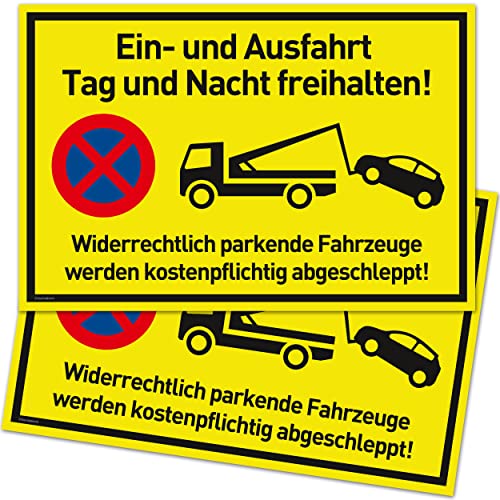 2er Set Einfahrt Freihalten Schilder (30x20 cm Kunststoff) - Ausfahrt freihalten Schild - Nie Wieder zugeparkt - Auch Gegenüber - (Neongelb) - Hier Wird abgeschleppt von Gentle North