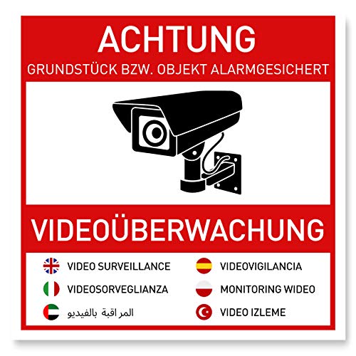 7 x Aufkleber Videoüberwachung (10 x 10 cm) - Schild - Hinweisschild - Warnschild - Achtung Videoüberwachung - Warnhinweis - Videoüberwachung Aufkleber Mehrsprachig (10x10cm) - V2 von Gentle North