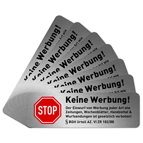 7 x Keine Werbung Aufkleber für Briefkasten (6,7 x 2,1 cm klein) - Keine kostenlosen Zeitungen und Reklame einwerfen - Briefkastenaufkleber - Selbstklebend - Edelstahl Optik von Gentle North