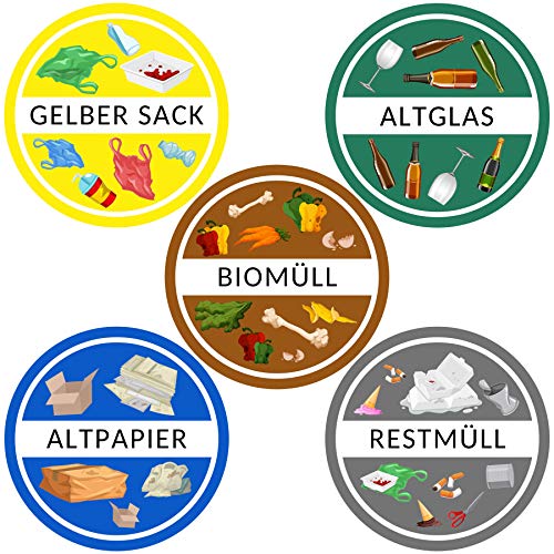 Aufkleber Mülltonne für Mülltrennung (5er Set - 9,5cm - Rund) - Kinder Freundliche Motive (Gelber Sack, Altglas, Altpapier, Restmüll, Biomüll) - UV-Schutz für Innen und Außen - Vorgestanzt - V3 von Gentle North