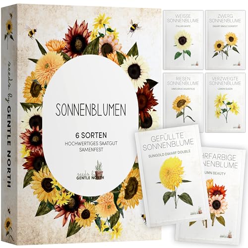 Sonnenblumen Samen Set - 6 Sorten in Samentütchen für die eigene Anzucht - Sonnen Blumen Samen ideal für Gartenliebhaber - Samenfestes Saatgut frei von Chemie von Gentle North