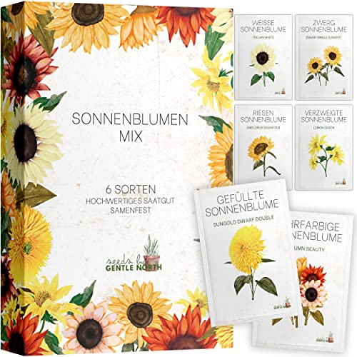 Sonnenblumen Samen Set - 6 Sorten in Samentütchen für die eigene Anzucht - Sonnen Blumen Samen ideal für Gartenliebhaber - Samenfestes Saatgut frei von Chemie von Gentle North