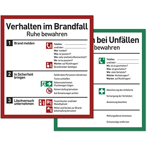 Verhalten im Brandfall und bei Unfällen (Schilder Set - 18x20cm) - Plakat für Büro und Betrieb nach ISO 7010 - Erste Hilfe Schild für Brand und Unfall - Aushang Notfallplan für Brandschutz von Gentle North