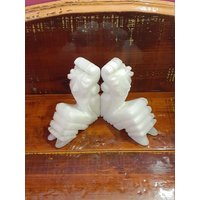 Vintage Handgeschnitzter Weißer Onyx Maya Aztec Bookends, Buchsends Aus Geschnitztem Stein, Maya Azteken Olmec Tolteken Zentral Südamerika Dekor von GentleMenShop
