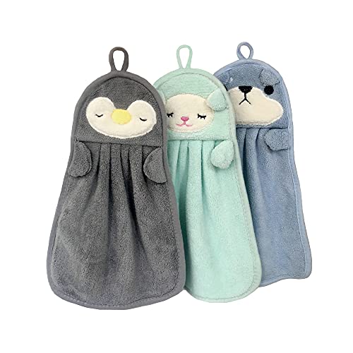 Handtücher für Kinder, Kinderhandtuch, Handtuch Set mit Aufhängerschlaufe Tiermotiv Saugfähig Schnell Trocknend für Badezimmer, Küchen 3 Stück (Green, Blue, Grey) von Gentlepaw