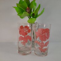 Vintage 1940Er Jahre, Bundesglas Co. Rosa Hibiskus-Saftgläser, Gläser, Trinkgläser, Bundesglasgläser, Barware von GentlyLovedCA