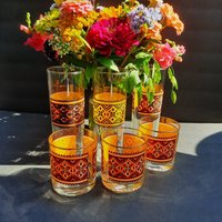 Vintage Bund Glas Cocktail Gläser. 6 Stück 3 Low Gläser Und Hoch. Schönes Gelb, Rot, Schwarz Weiß Farbmuster von GentlyLovedCA