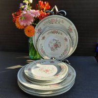 Vintage Speiseteller Und Salatteller. 14 Stück Aus Weißem Porzellan Mit Hellrosa Medaillon-Rosen von GentlyLovedCA