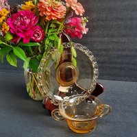 Vintage Zuckerdose Und Unterteller Von Josef Inwald, Golden Amber, Offenes Spitzenmuster, Elegantes Glas, Gelb von GentlyLovedCA