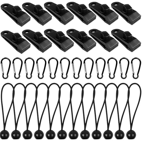 Gentpovth 36 Stück Tarp Clips Set, Zeltplane Clips Planenbefestigung, 12 Stück Planenspanner Tarp Clips + 12 Nylon Zelt Bungees Schnüre + 12 Karabiner Clips, für Hängematte,Camping,Picknick,Wandern von Gentpovth